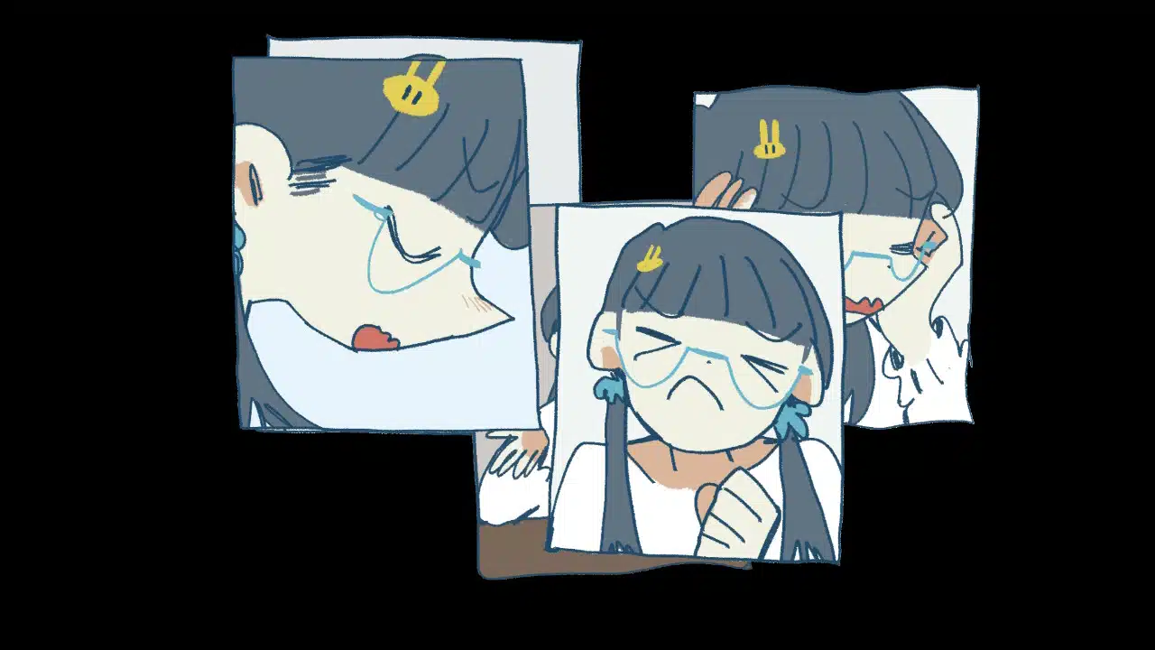 A screenshot from the game afterlove ep. A girl with pigtails is shown in multiple overlapping pictures wearing different vibrant expressions.