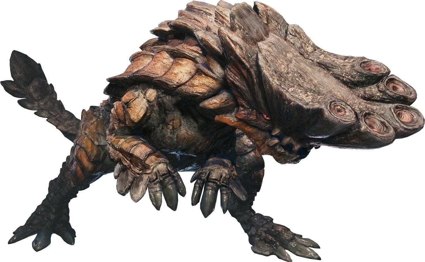 An official rendering from monster hunter world of the barroth, a dinosaur-like monster coated in mud and crowned with a jaw of boulders.