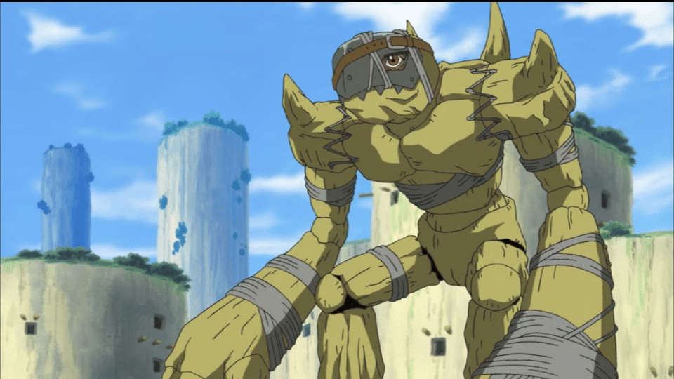 An image from the digimon anime of golemon, a creature of earth with thick limbs, barely held together with stitching and wrappings.