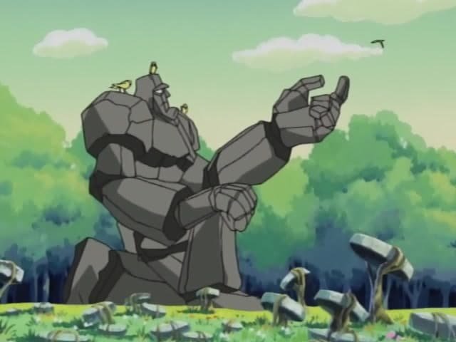 An image from the monster rancher anime of golem, a towering man made of stone, surrounded by tiny birds.