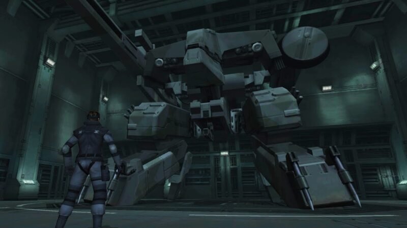 A screenshot from metal gear solid featuring covert operative snake looking up at the titular three-story-tall metal gear rex mecha.