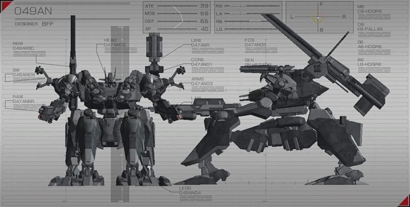 An image of a four-legged mecha from the armored core series with mounted artillery in front of various schematic information detailing its size and capacity.