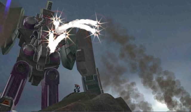 A screenshot from transformers on ps2 of a robot built from the parts of an aircraft carrier towering over the semi-truck-derived optimus prime and firing missiles.