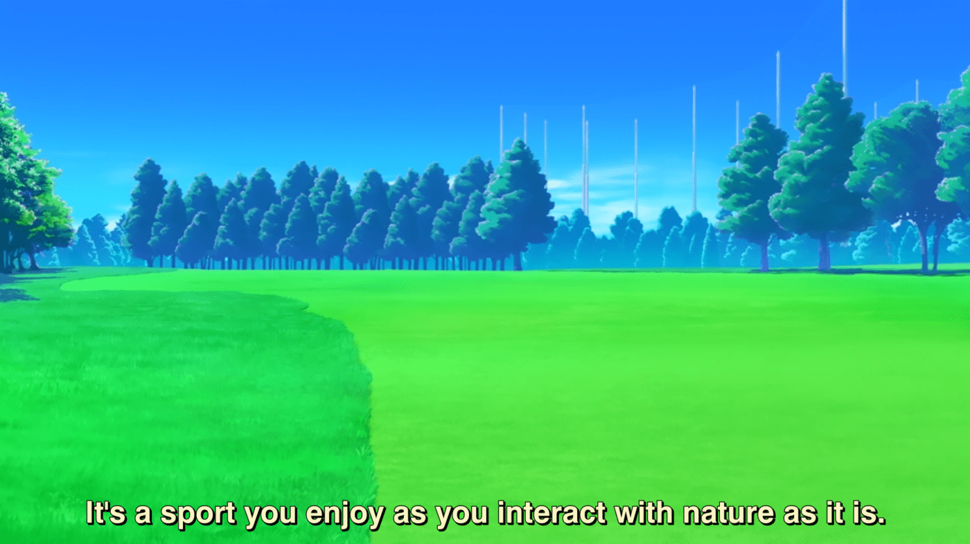 A screenshot from sorairo utility showing a finely-manicured golf course with net structures visible in the background. Subtitles read "it's a sport you enjoy as you interact with nature as it is."