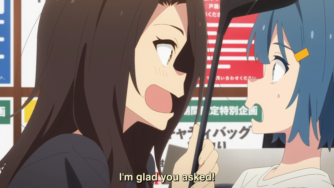 A screenshot from the anime sorairo utility. A young woman is feverishly holding a golf club up to a junior, exclaiming "i'm glad you asked!". They both have dynamic expressions - the former of overwhelming excitement, the latter panicked knowing that she's just opened a jumbo can of infodump.