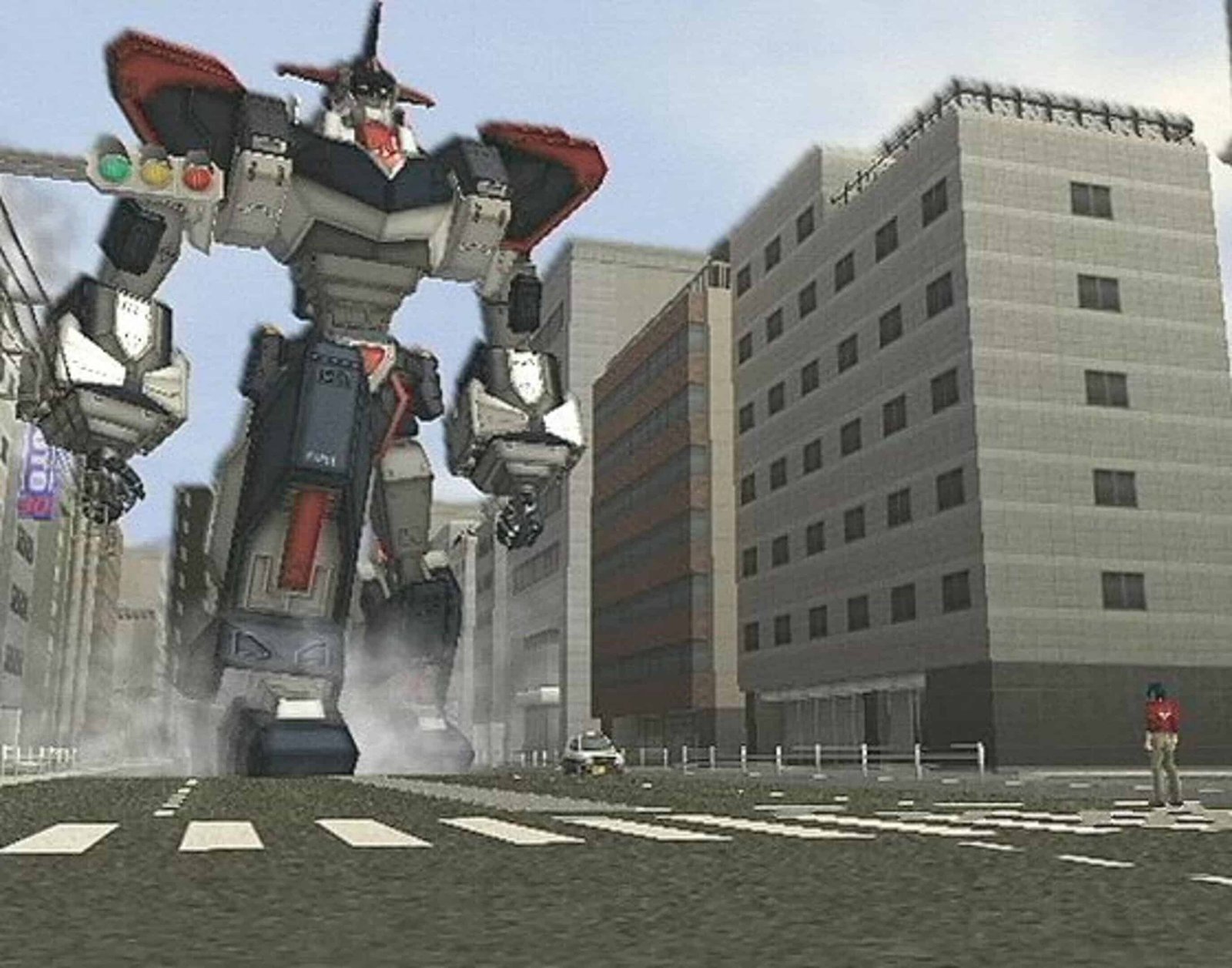 A screenshot from video game robot alchemic drive featuring the main character at an intersection, looking up at an oncoming giant robot well taller than the skyscrapers on either side of the street.