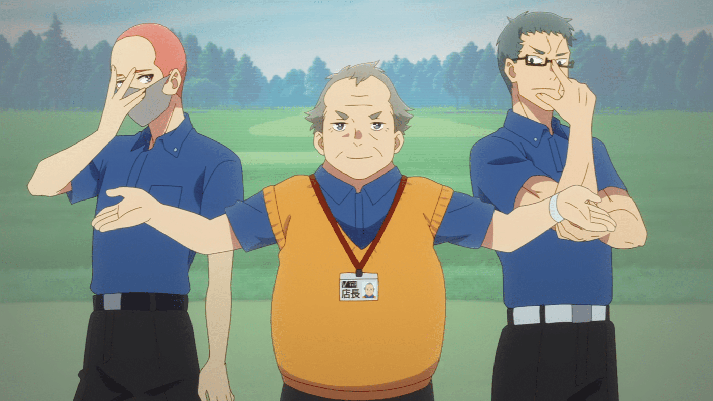 A screenshot from sorairo utility showing three adult men in matching polo shirts, posing flamboyantly.