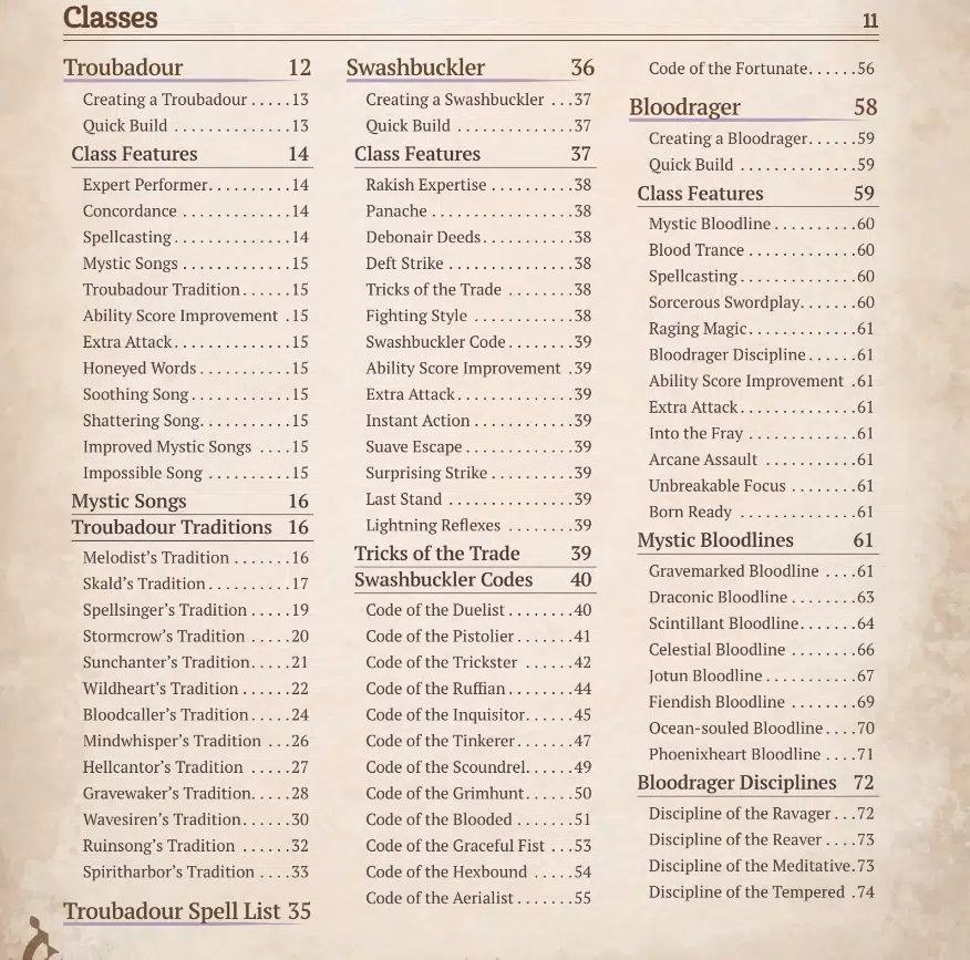Songs of the spellbound classes in the toc