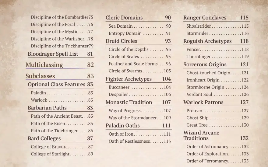 Songs of the spellbound classes in the toc part 2