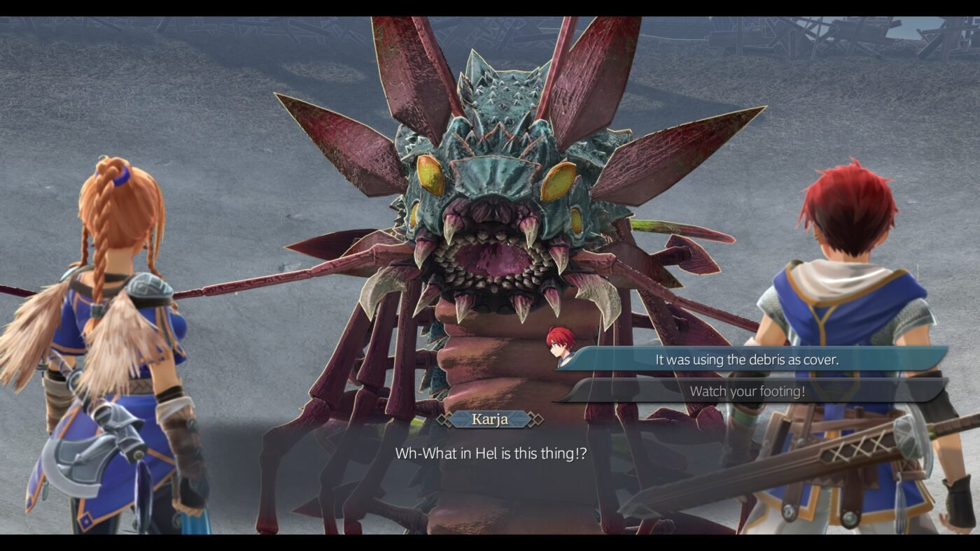 Ys 10 nordics screenshot. Karja and adol are confronted by a giant centipede.