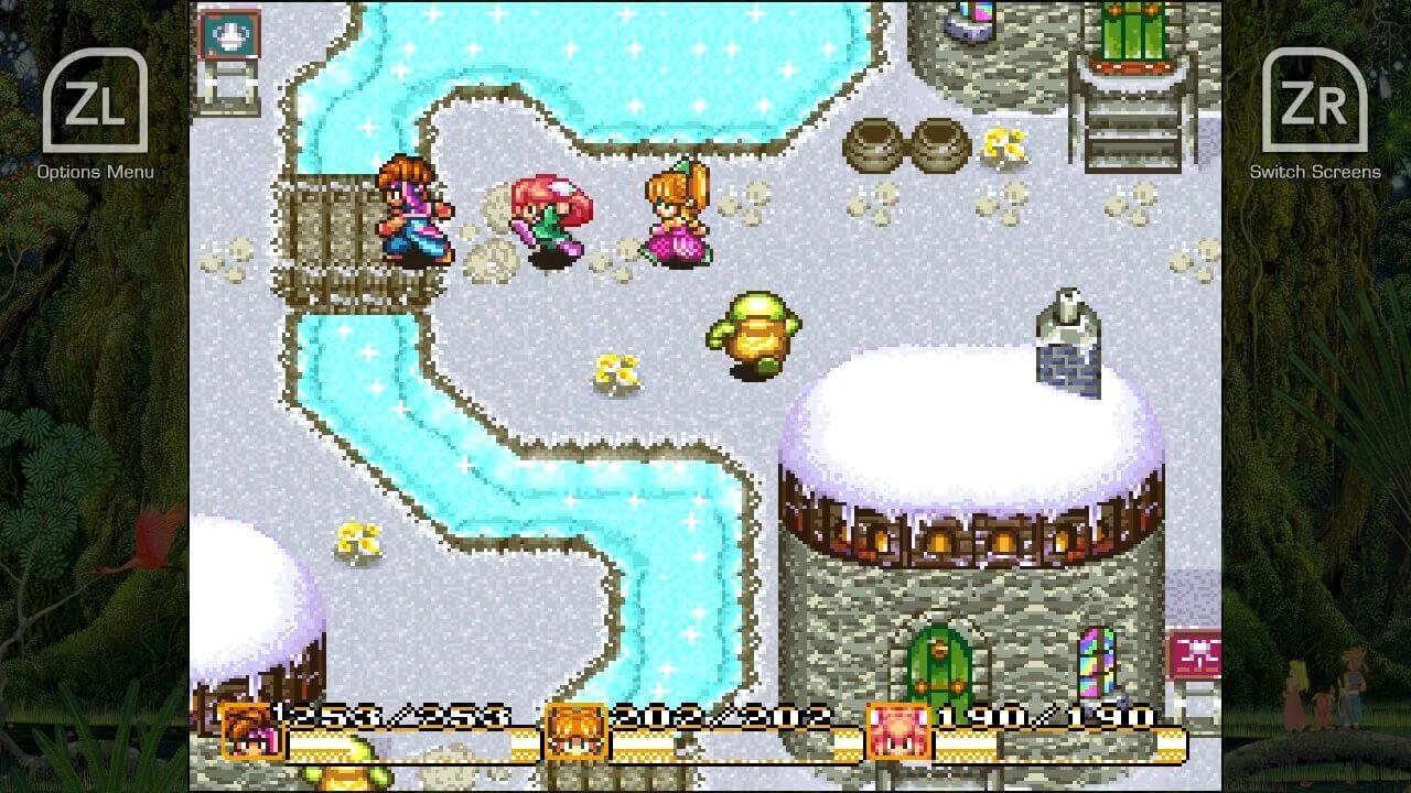 Secret of mana screenshot,  snes pixel art graphics. The party walks through a snowy environment.