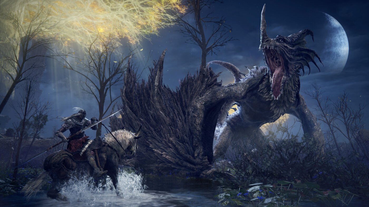Elden Ring - Geek to Geek Media Elden ring screenshot. A knight on horseback faces off against a dragon in a bog.