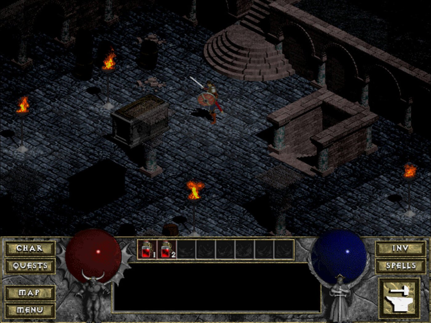 Diablo screenshot. Isometric rpg. A night walks through a torch-lit dungeon.