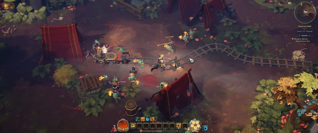 Torchlight 3 screenshot. Isometric rpg. The party wanders through an old mine.