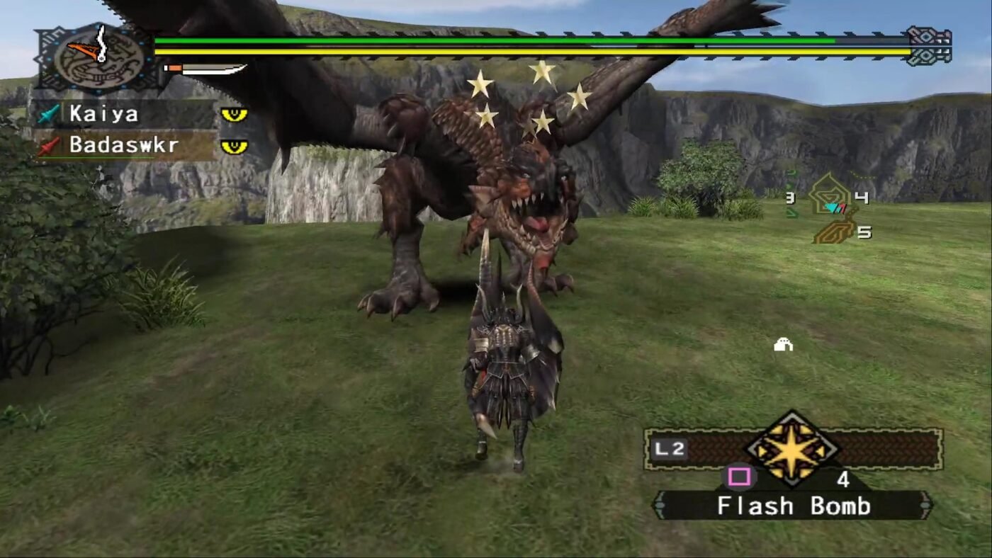 Monster Hunter PS2 - Geek to Geek Media Monster hunter ps2 screenshot. A knight approaches a dragon-like creature on foot.
