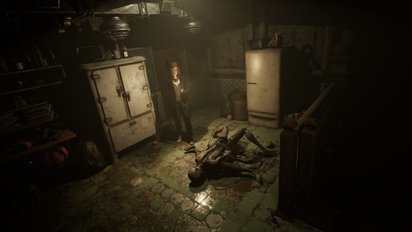 Image of a young woman holding a lighter above a mangled "zombie" corpse in a dingy kitchen area.