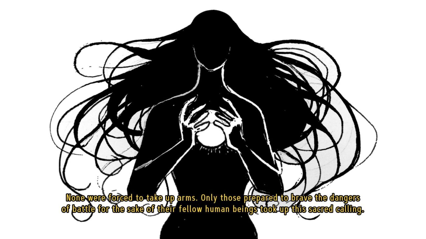 A screenshot from lock and key featuring a black-and-white image of a woman with long hair holding an orb. Narration reads "none were forced to take up arms. Only those prepared to brave the dangers of battle for the sake of their fellow human beings took up this sacred calling. "
