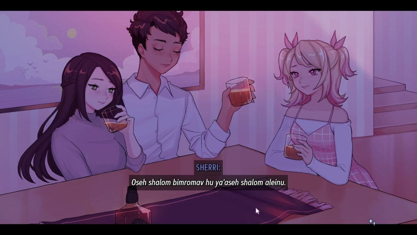 A screenshot from lock and key featuring three women around a table raising a glass of whiskey. Sherri is saying "oseh shalom bimromav hu ya'aseh shalom aleinu"