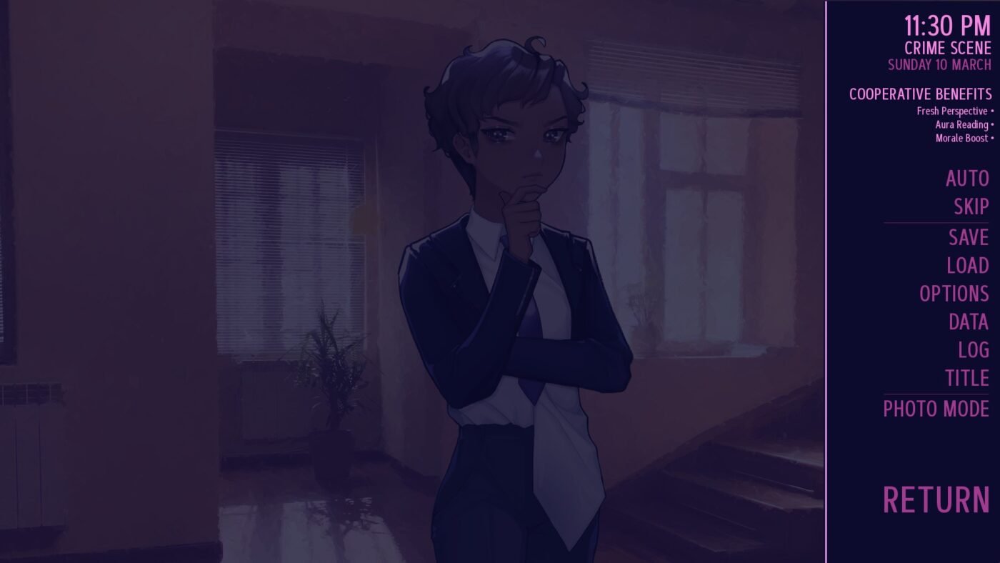 A screenshot from lock and key featuring a pause menu imposed over a pensieve woman in a frumpled suit. Notes in the upper-right of the screen read "11:30 pm, crime scene, sunday 10 march, cooperative benefits - fresh perspective - aura reading - morale boost"