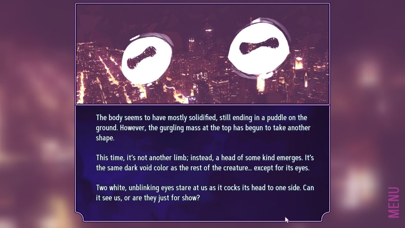 A screenshot from lock and key featuring three paragraphs of text describing a battle with a monster, including a puddle, limbs, and eyes. Only the eyes are shown above, frog-like white splotches in front of a city background.