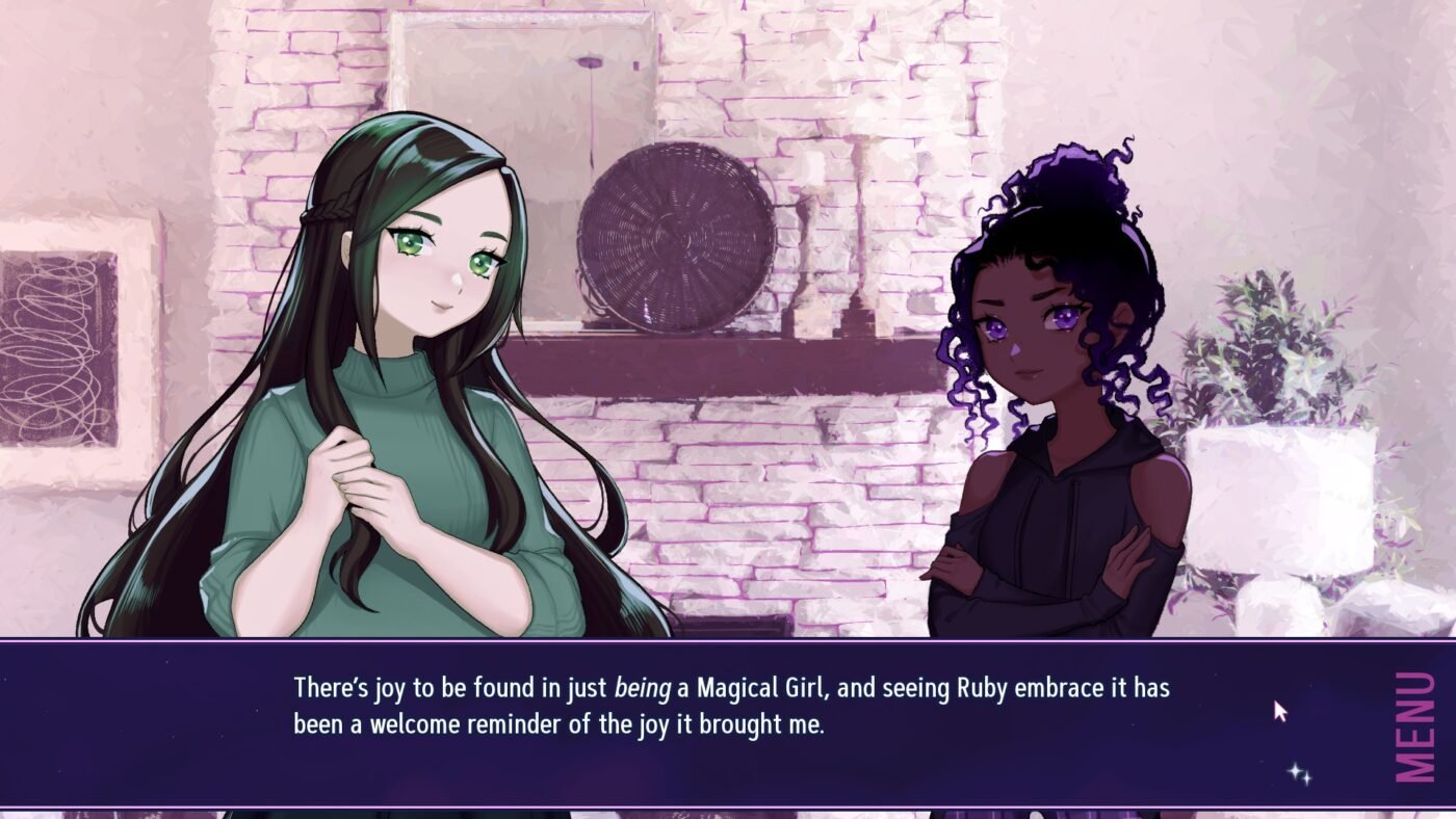 A screenshot from lock and key featuring a woman in green and a girl in purple in front of a stone mantle. Narration reads "there's joy to be found in just being a magical girl, and seeing ruby embrace it has been a welcome reminder of the joy it brought me. "