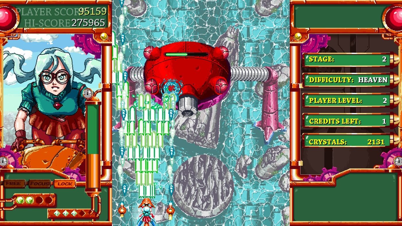 Shockwave triggers screenshot: vertical shmup, the heroine flies over water while blasting a robot