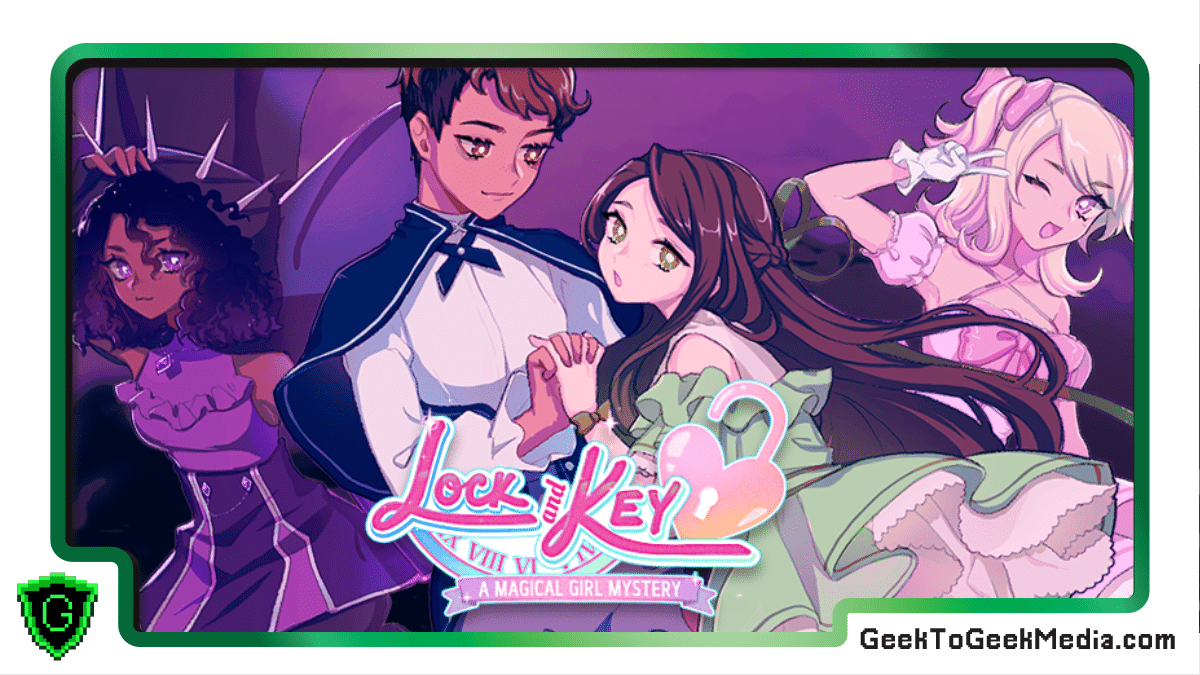 The featured image for lock & key. The title of the game is written out as a cursive logo with "a magical girl mystery" on a ribbon below. In the background, two women in elaborate outfits are embracing, one looking at the other and the other looking into the camera. Two more women flank them in the background, dashing out of frame.