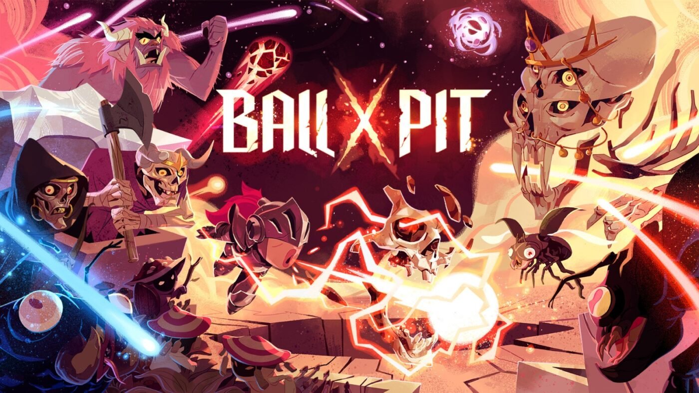 Ball x pit key art, spooky skulls and bouncing fire balls