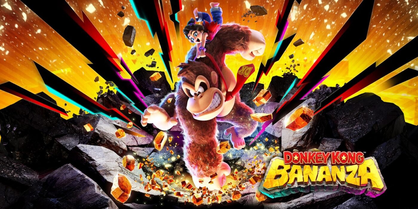 Dk bananza cover art. Dk smashes the ground with his fists.