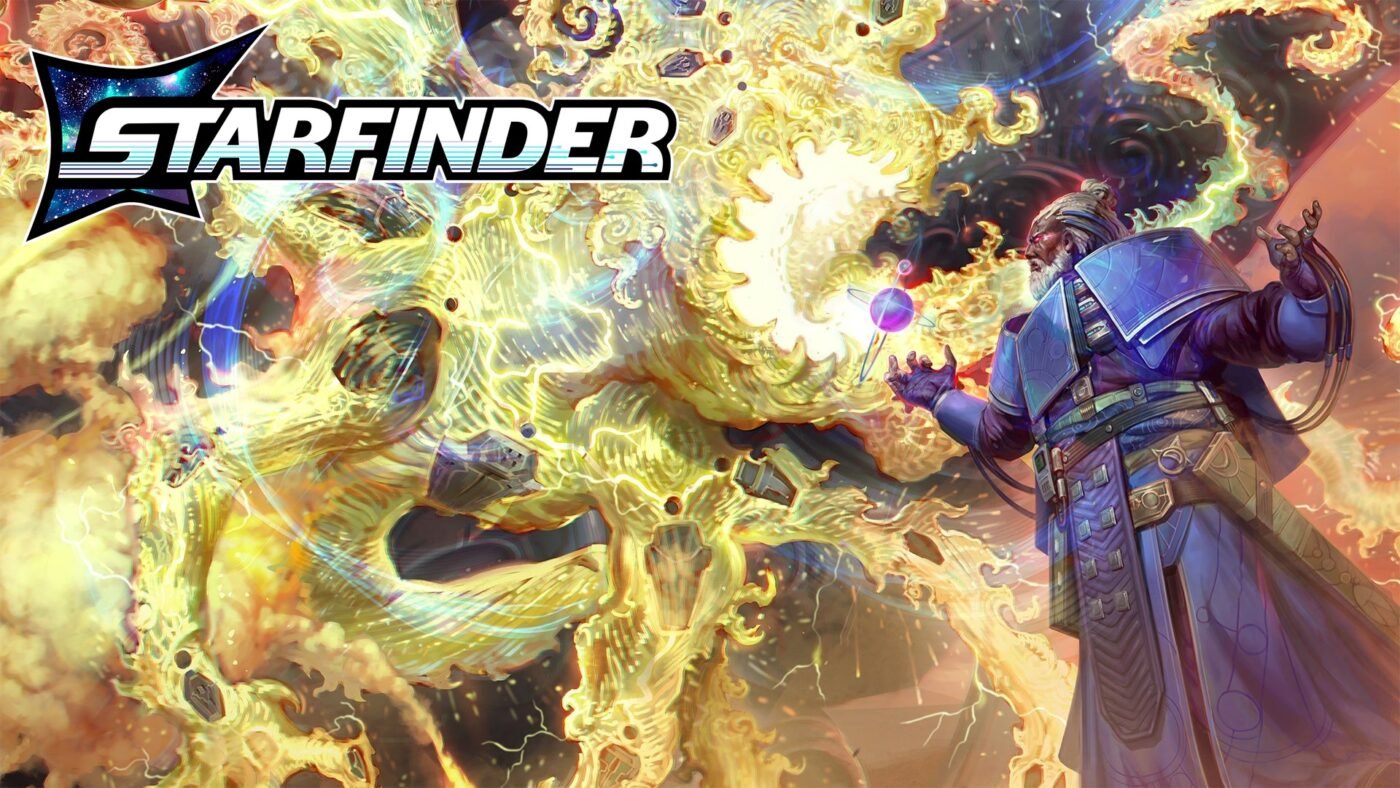 Starfinder key art, a wizard launches a fiery spell