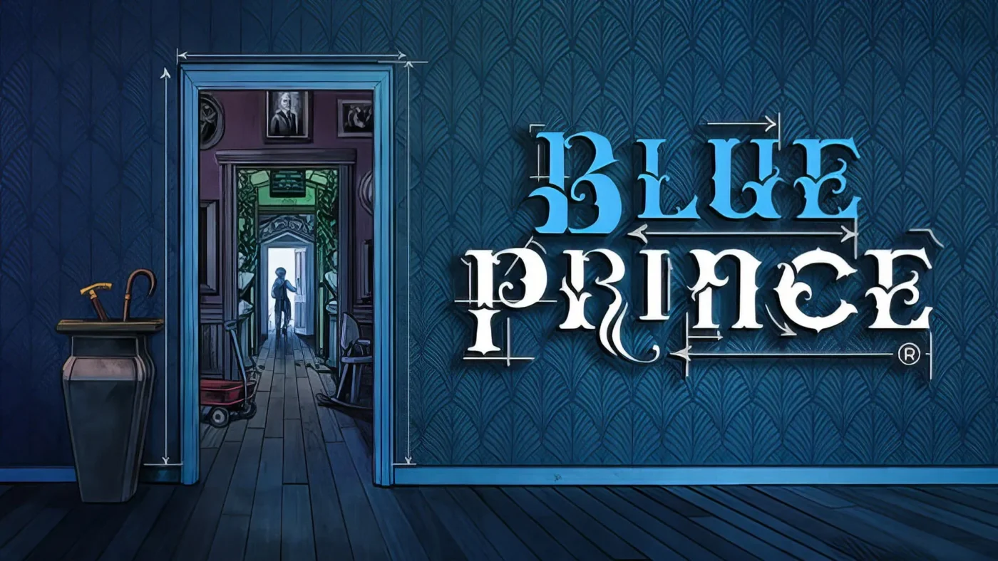 Blue prince key art, a silhouette of a person in a cluttered mansion