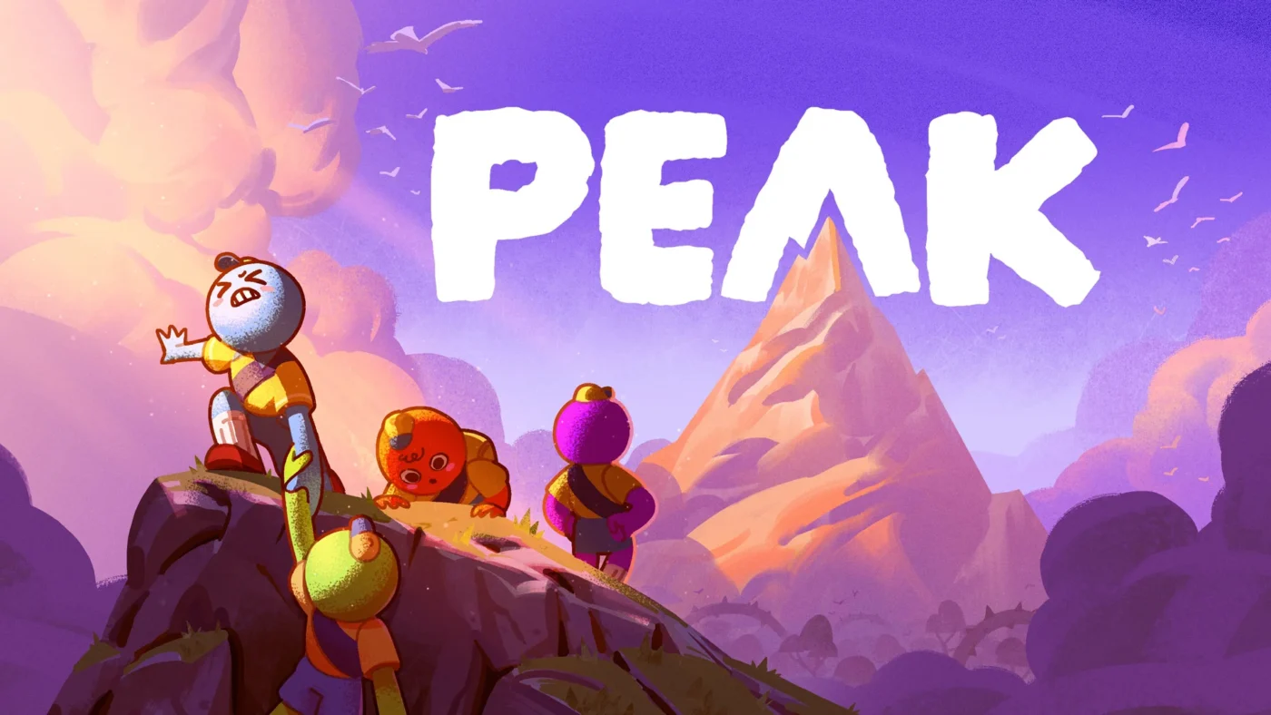 Peak key art, little cartoon climbers struggle up a cliff