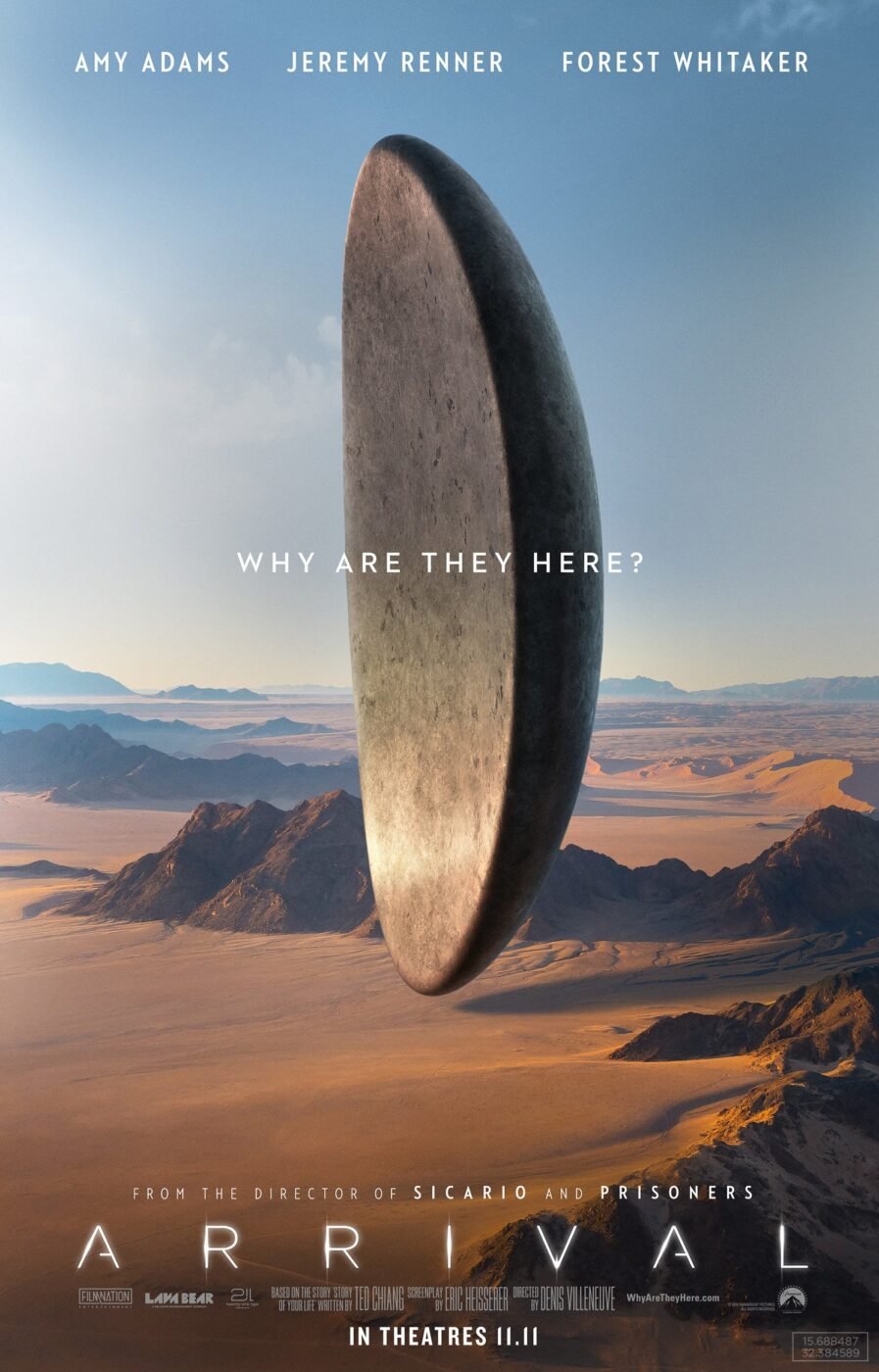 Simplistic poster for "arrival" - showing the alien ship hovering above a gorgeous desert landscape - tagline: "why are they here? "
