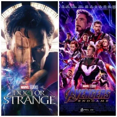 Marvel movie posters for "doctor strange" and "avengers: endgame"