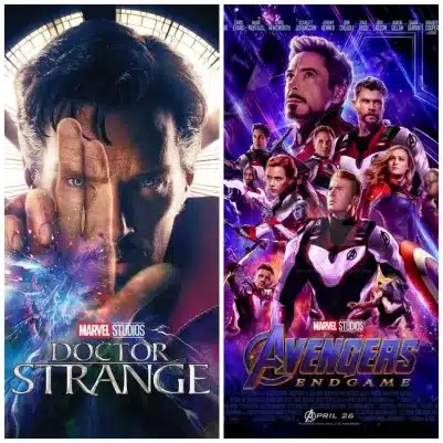 Marvel movie posters for "doctor strange" and "avengers: endgame"