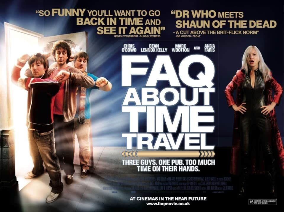 Goofy poster for the indie british comedy "faq about time travel" - tagline: "three guys. One pub. Too much time on their hands. " - critics praise: "dr. Who meets shaun of the dead" and "so funny you'll want to go back in time and see it again."