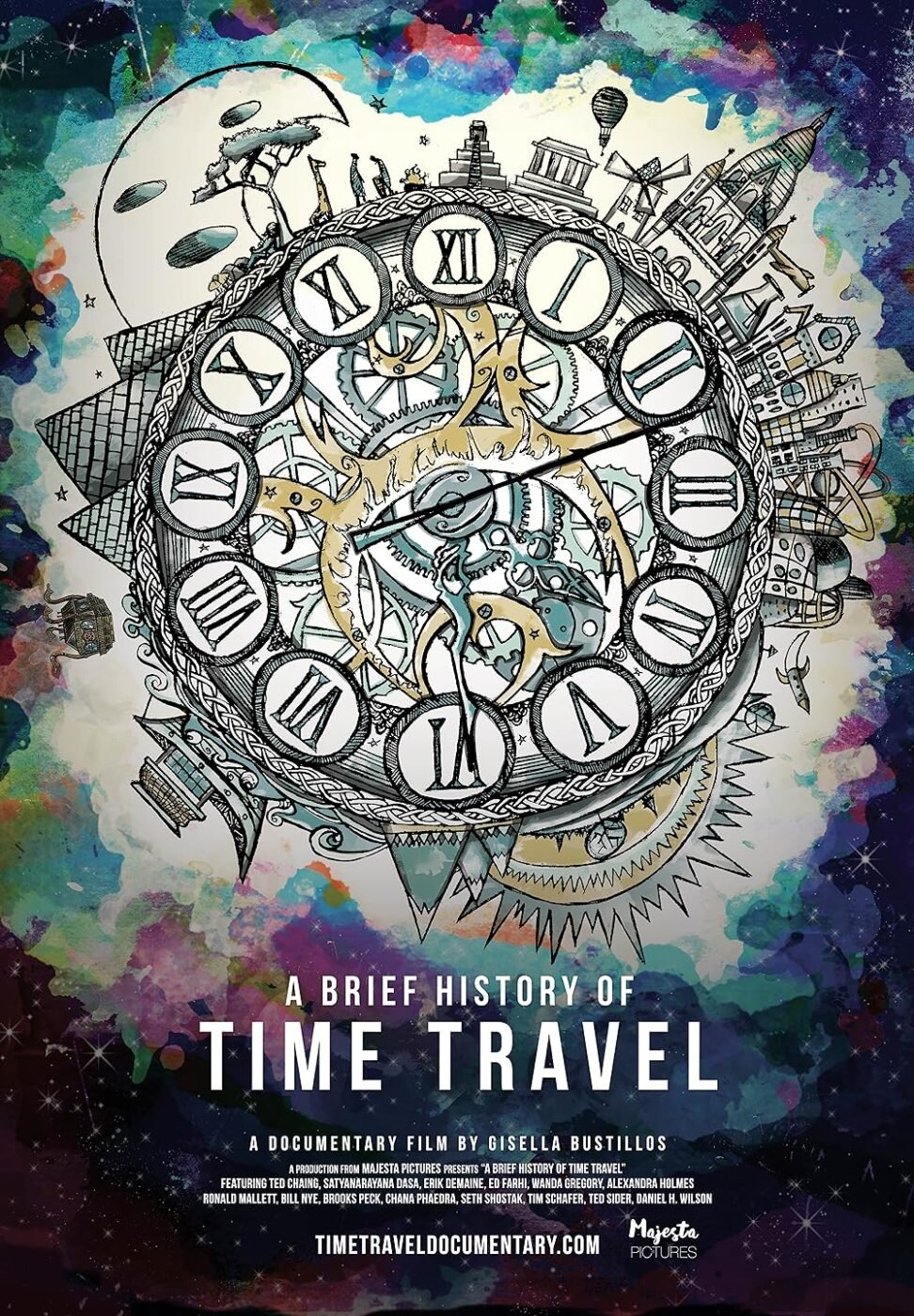 Colorful abstract poster for the documentary "a brief history of time travel" - showing the world as a mechanical clock with roman numerals