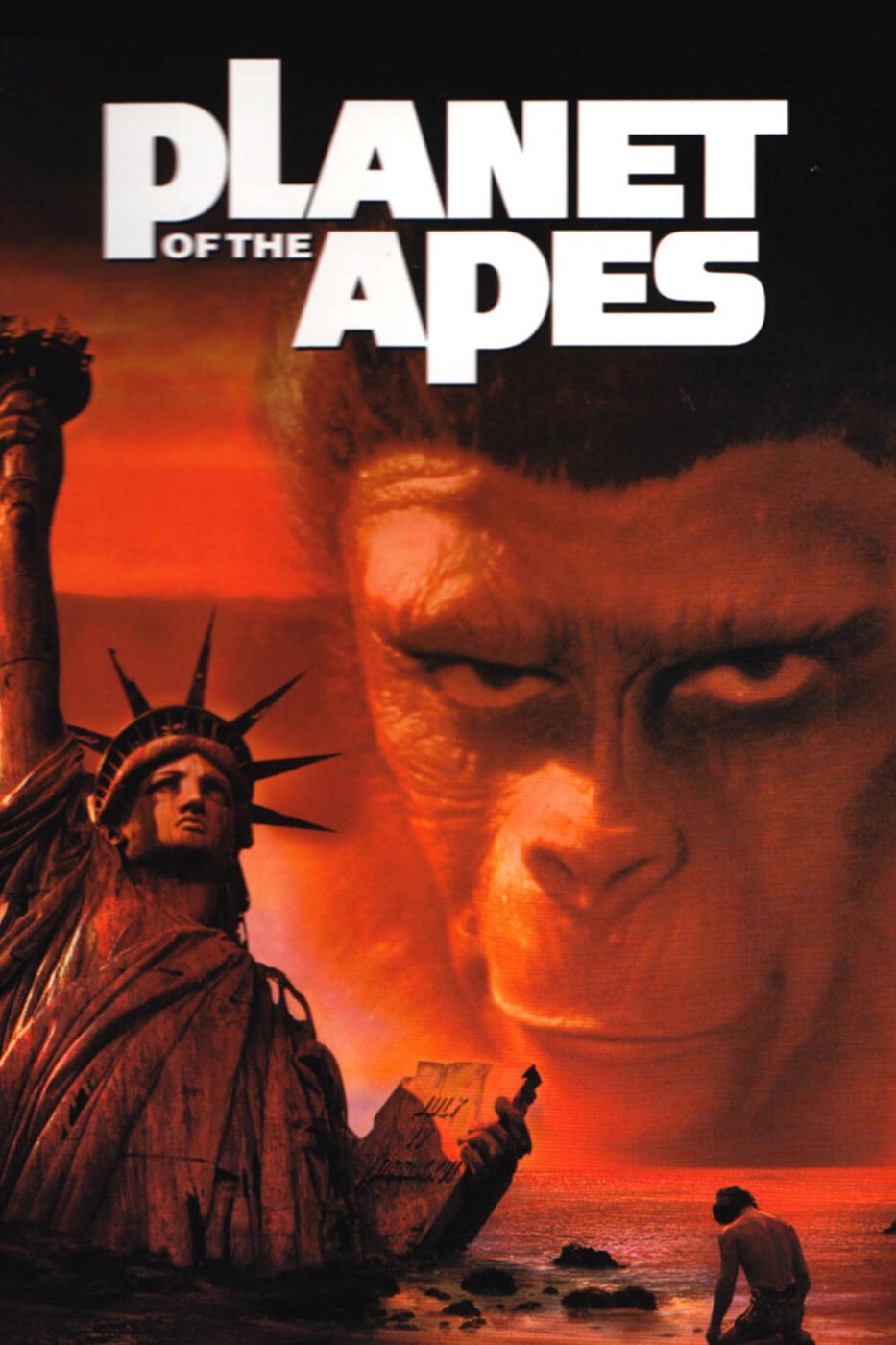 Dvd cover art for the original "planet of the apes" with an apes face and the iconic statue of liberty reveal at the end with charlton heston kneeling on the beach