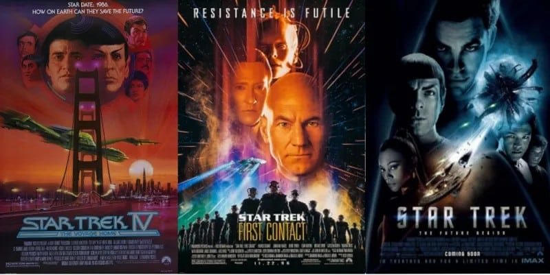 Three movie posters: "star trek iv: the voyage home" (how on earth can they save the future? ), "star trek: first contact" (resistance is futile), and "star trek" - 2009 (the future begins)