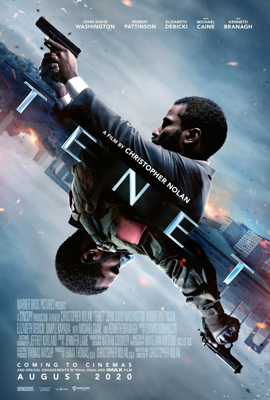 Movie poster for christopher nolan's "TENET" with John David Washington showing an almost reversed mirror image reminiscent of a playing card with guns