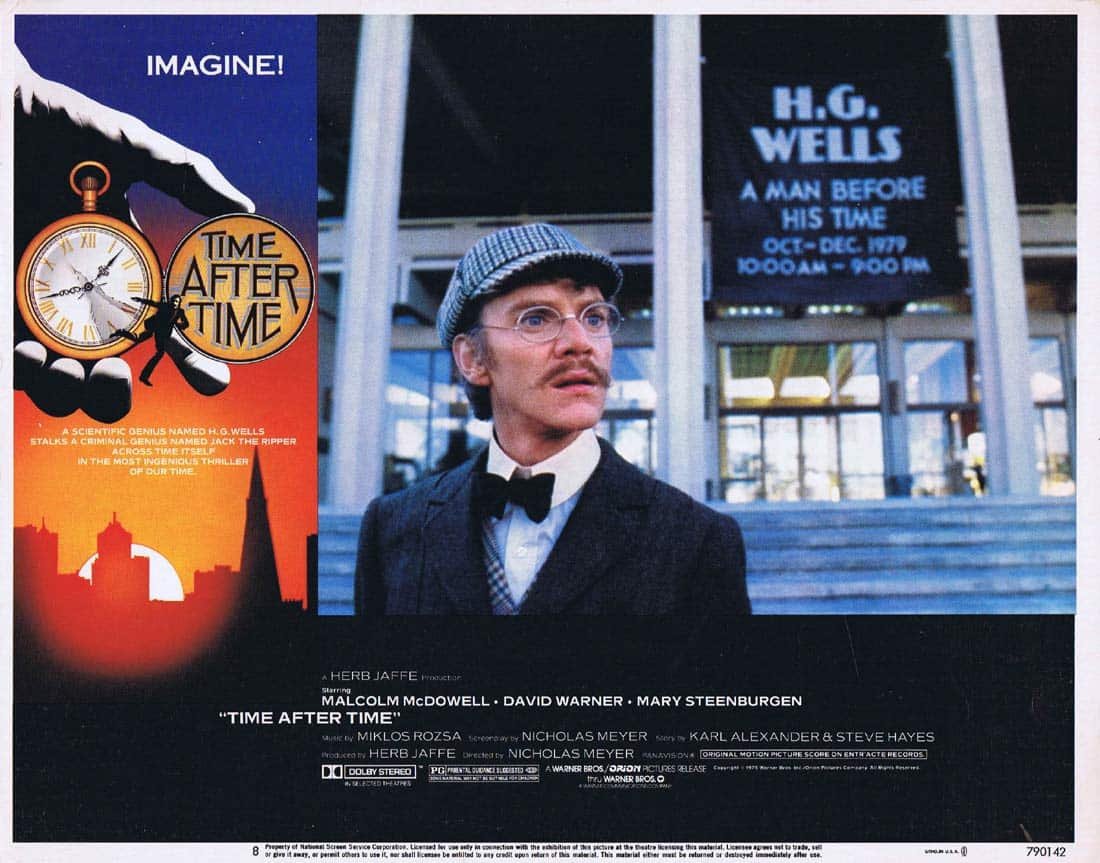 Large wide-format poster for "time after time" starring malcolm mcdowell with the tagline "imagine! "