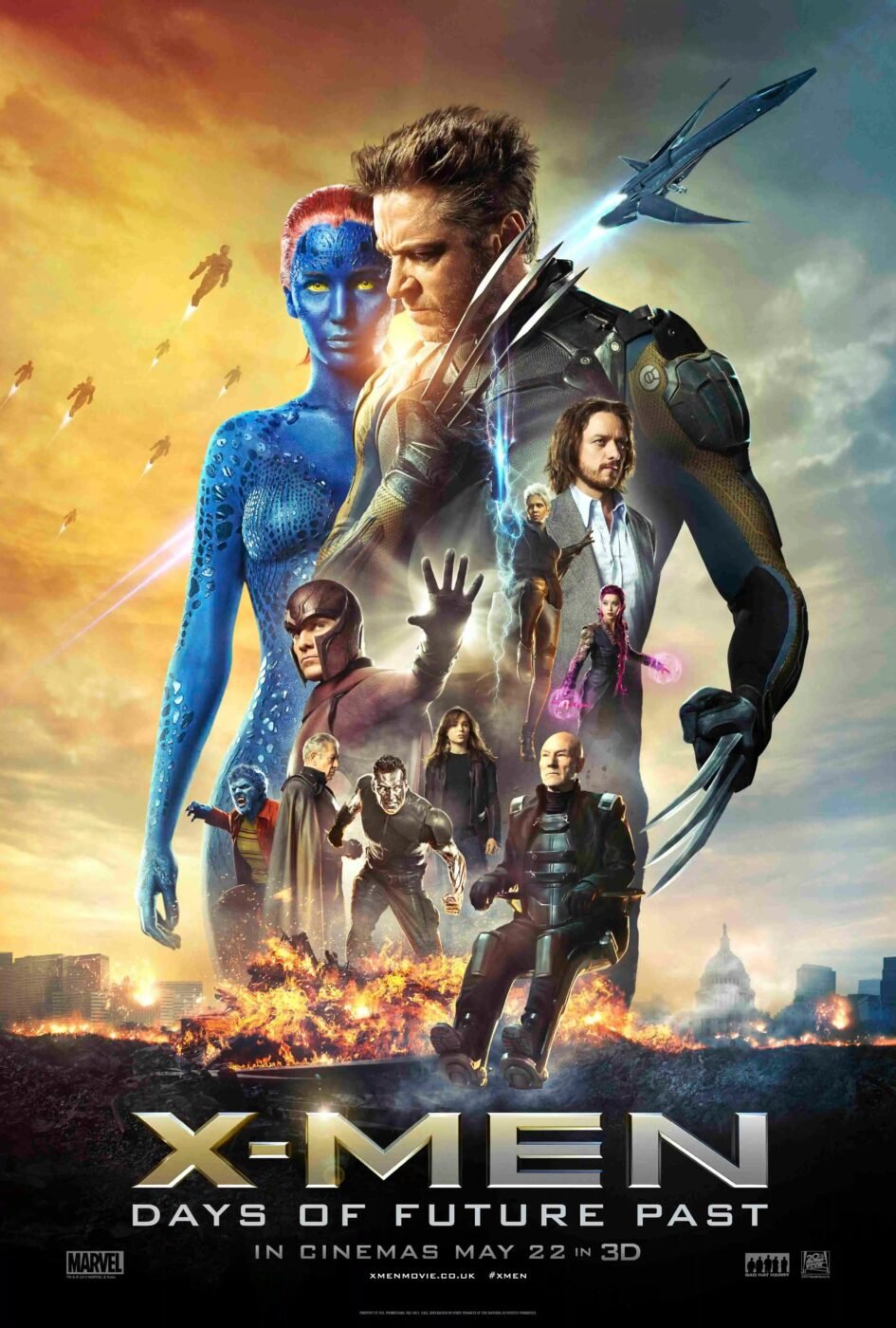 Epic movie poster for "x-men: days of future past" - featuring: wolverine, mystique, magneto, professor x, colossus, storm, and beast