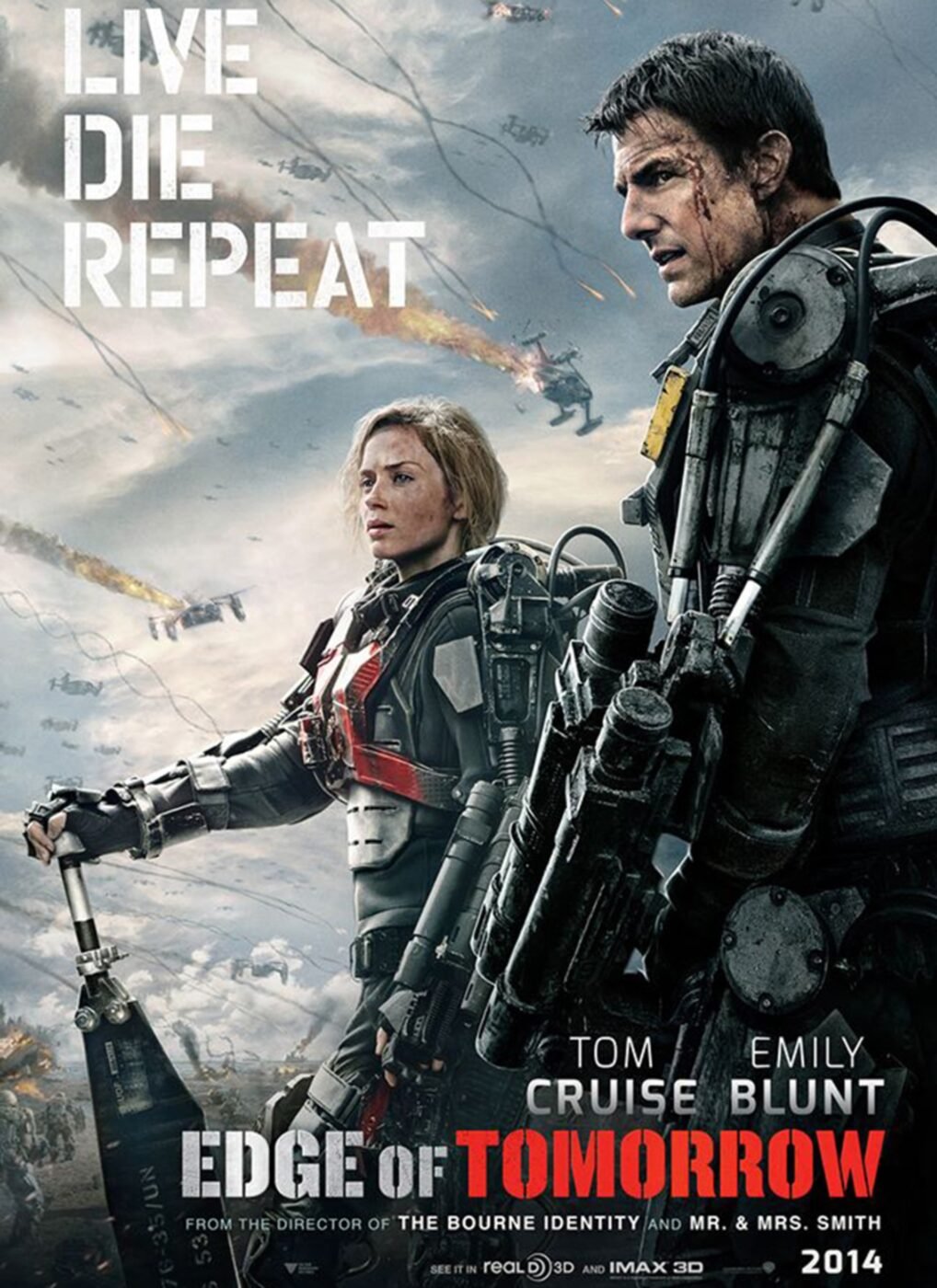 Poster for the film, "edge of tomorrow" starring tom cruise and emily blunt - tagline: "live. Die. Repeat. "