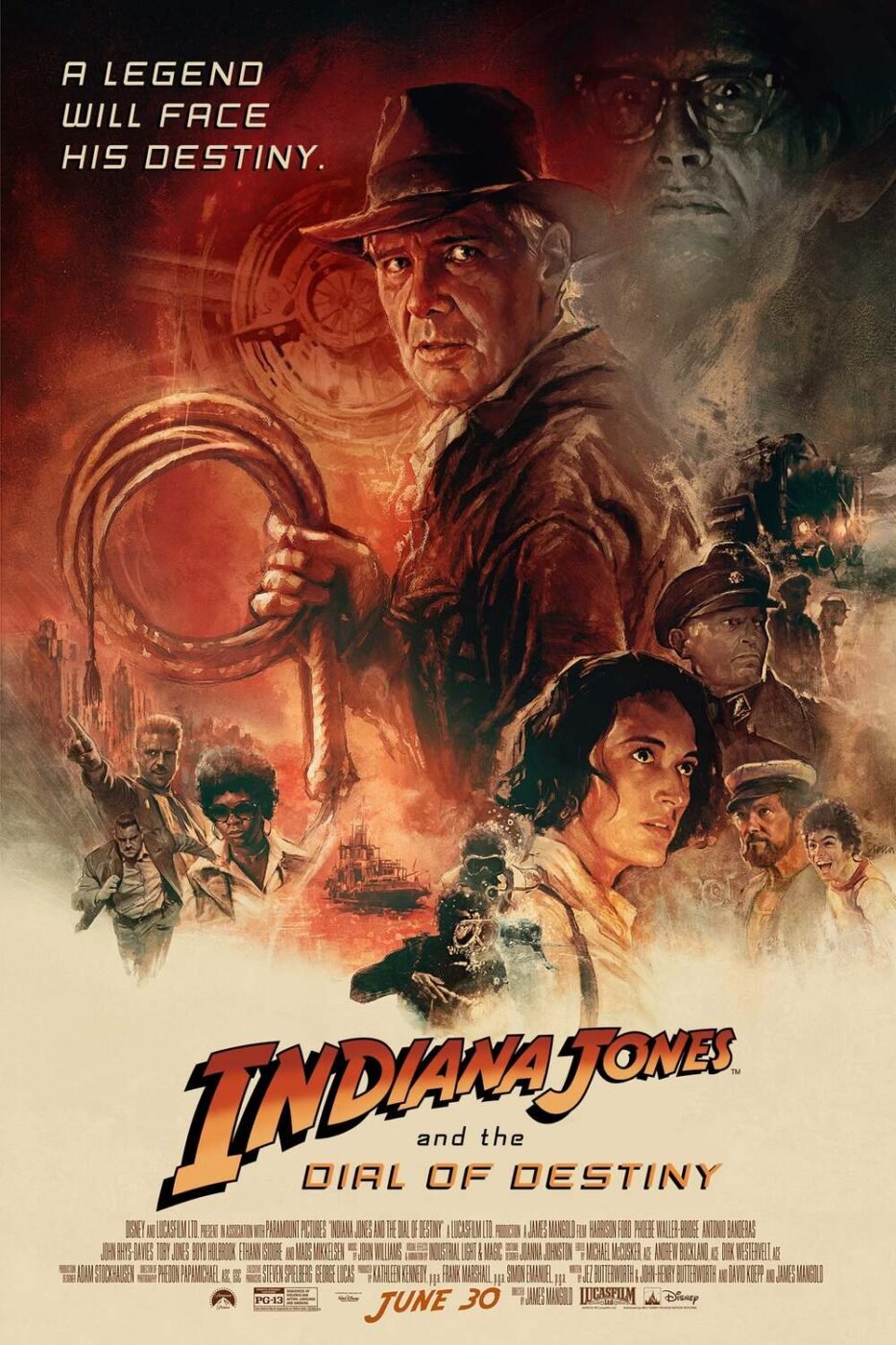 Old school style movie poster for "indiana jones and the dial of destiny" - tagline: "a legend will face his destiny. "