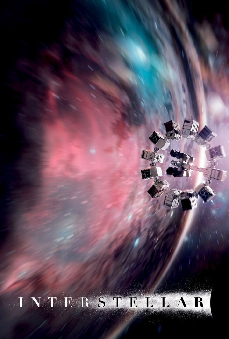 Trippy dvd cover art for christopher nolan's "Interstellar" - showing the clock-like ship traversing the cosmos