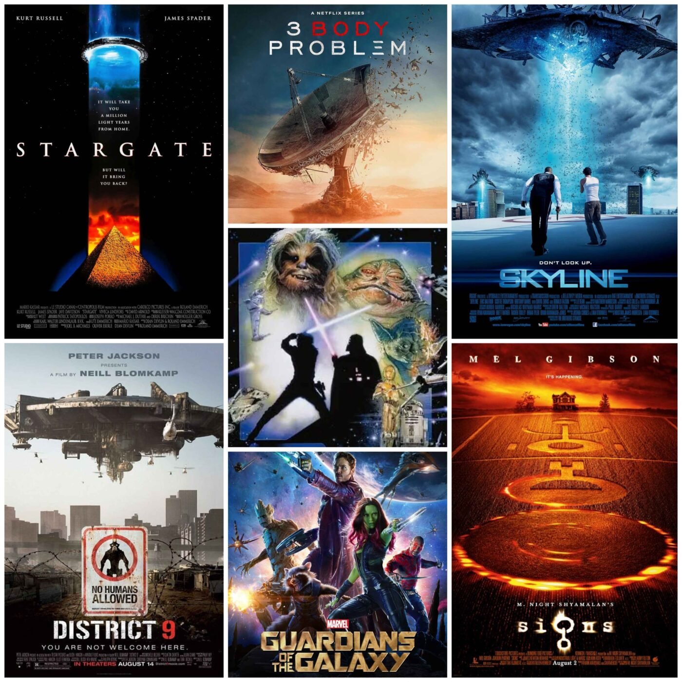 Collage of alien movie honorable mentions: 3 body problem, stargate, district 9, skyline, signs, star wars, and guardians of the galaxy