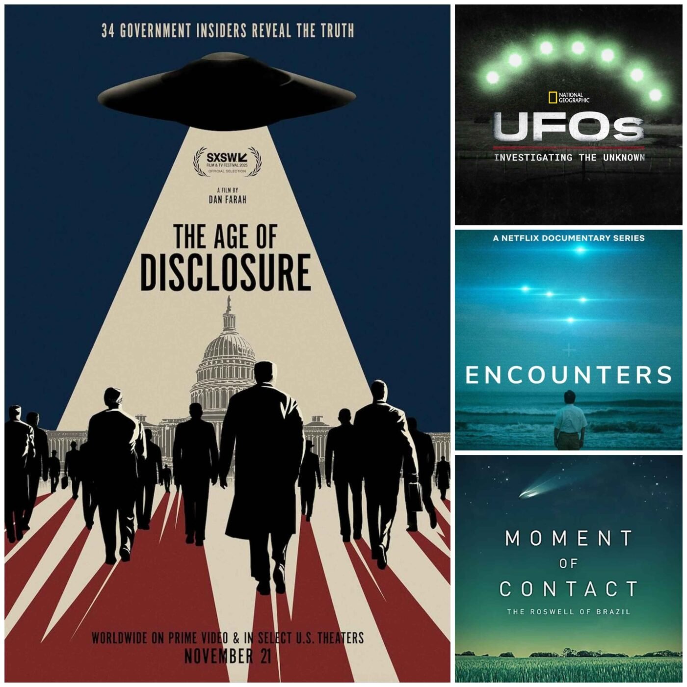 A collage of ufo documentaries - "the age of disclosure", the nat geo doc "investigating the unknown", netflix "encounters", and "moment of contact"