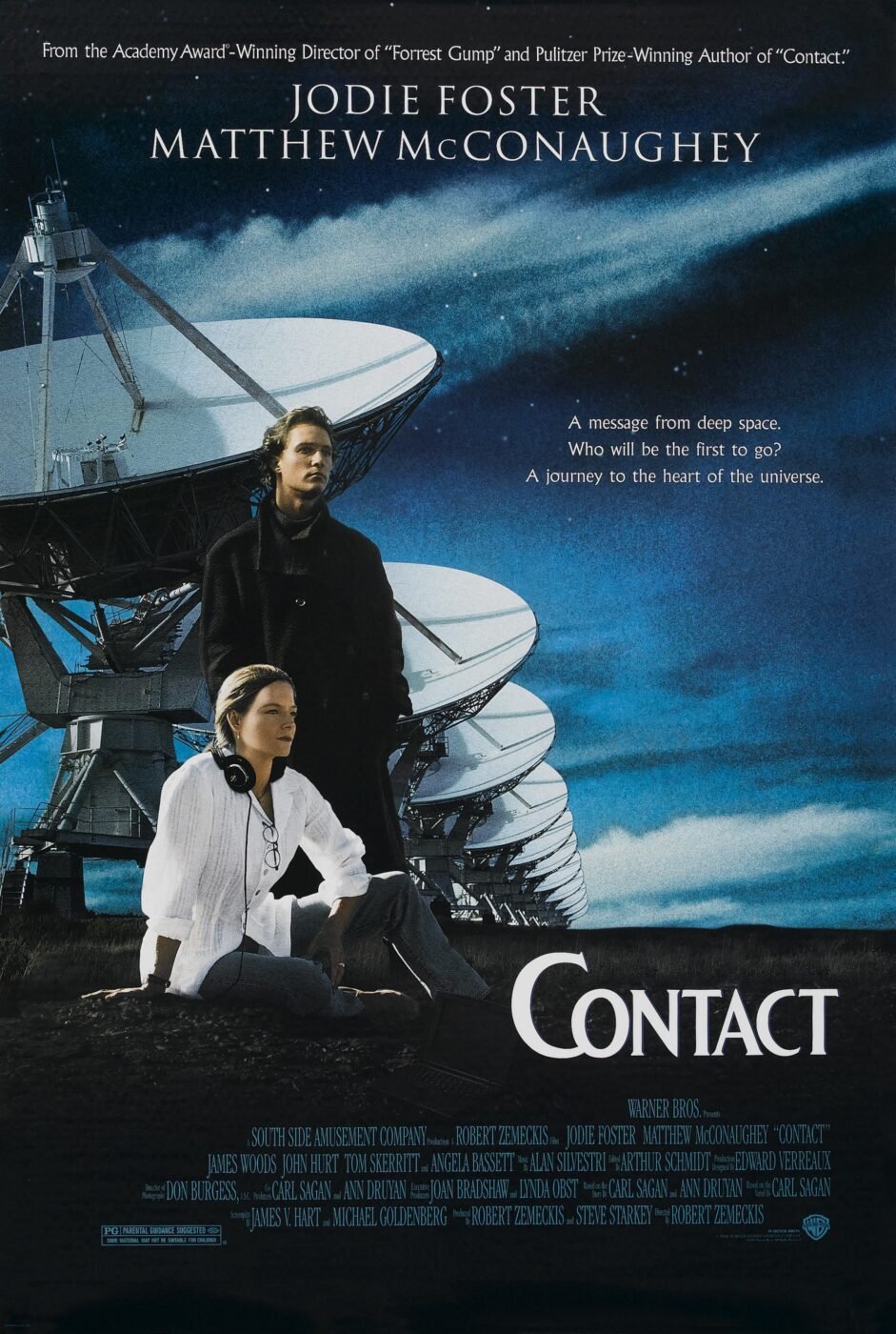 Movie poster for "contact" - tagline: a message from deep space. Who will be the first to go? A journey to the heart of the universe.