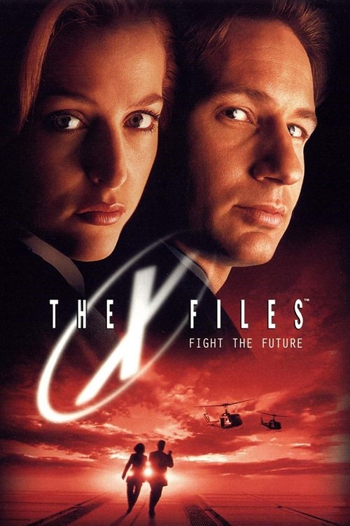 Movie poster for "the x-files: fight the future" - showcasing mulder and scully running from black helicopters