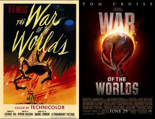 Posters for both the original 1953 and 2005 spielberg remake of "war of the worlds" - based on the book from h. G. Wells